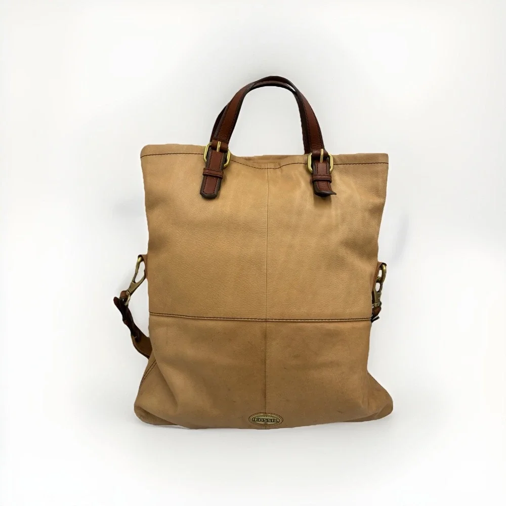 Fossil Explorer‎ Fold-Over Leather Crossbody Messenger Shoulder Bag Tote Tan